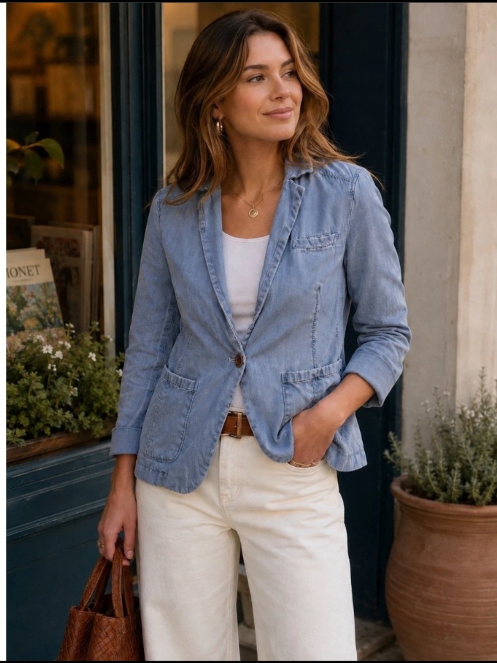 Pilcro Anthropologie Chambray Blazer Blue Jacket Boho Coastal
Chic Resort Sz L